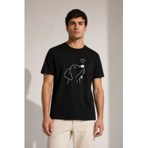 Erkek Köpek Figürlü Minimal Baskılı Tişört Kısa Kol Yazlık T-Shirt - Siyah