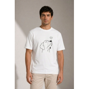 Erkek Köpek Figürlü Minimal Baskılı Tişört Kısa Kol Yazlık T-Shirt - Beyaz