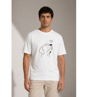 Erkek Köpek Figürlü Minimal Baskılı Tişört Kısa Kol Yazlık T-Shirt - Beyaz