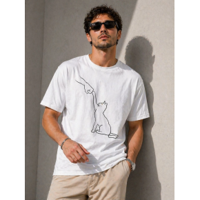 Erkek Minimal Kedi Çizim Baskılı Tişört Kısa Kol Yazlık T-Shirt - Beyaz