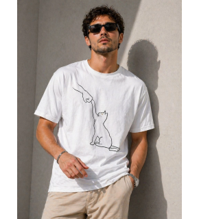 Erkek Minimal Kedi Çizim Baskılı Tişört Kısa Kol Yazlık T-Shirt - Beyaz