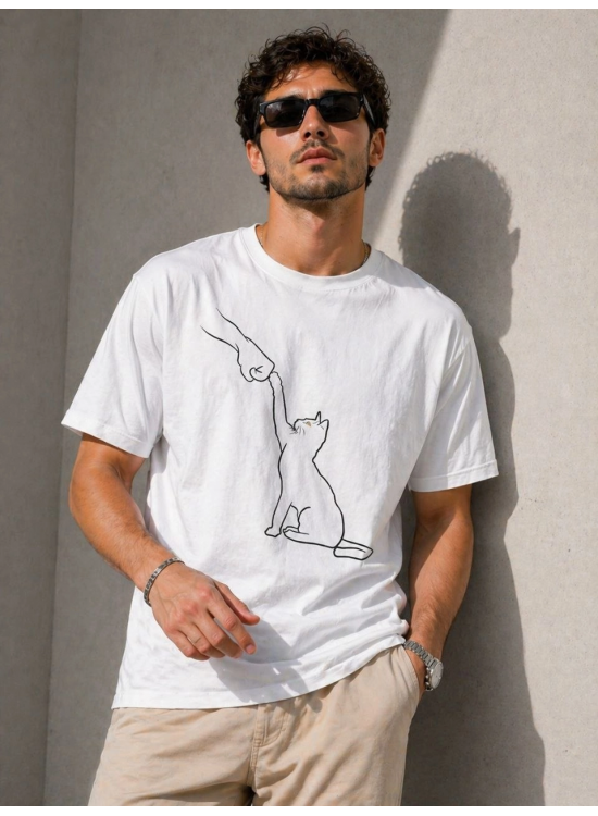 Erkek Minimal Kedi Çizim Baskılı Tişört Kısa Kol Yazlık T-Shirt - Beyaz Erkek Minimal Kedi Çizim Baskılı Tişört Kısa Kol Yazlık T-Shirt - Beyaz