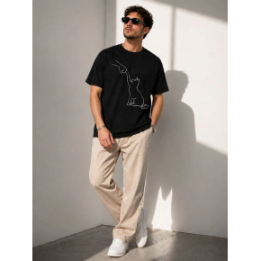 Erkek Minimal Kedi Çizim Baskılı Tişört Kısa Kol Yazlık T-Shirt - Siyah