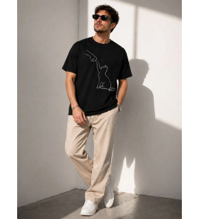 Erkek Minimal Kedi Çizim Baskılı Tişört Kısa Kol Yazlık T-Shirt - Siyah