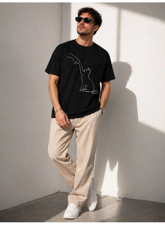 Erkek Minimal Kedi Çizim Baskılı Tişört Kısa Kol Yazlık T-Shirt - Siyah Erkek Minimal Kedi Çizim Baskılı Tişört Kısa Kol Yazlık T-Shirt - Siyah