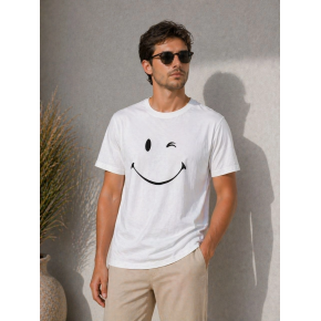 Erkek Minimal Gülümseyen Yüz Baskılı Tişört Kısa Kol Yazlık T-Shirt - Beyaz