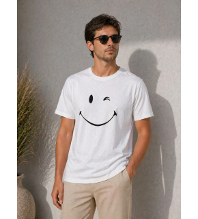 Erkek Minimal Gülümseyen Yüz Baskılı Tişört Kısa Kol Yazlık T-Shirt - Beyaz