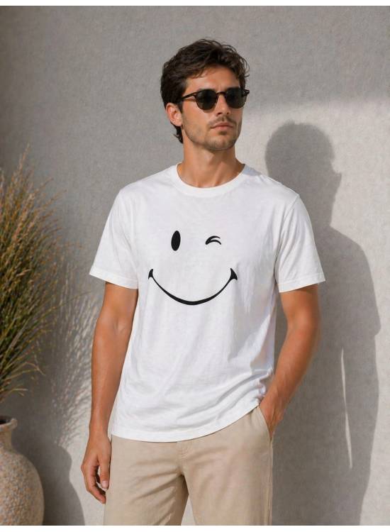 Erkek Minimal Gülümseyen Yüz Baskılı Tişört Kısa Kol Yazlık T-Shirt - Beyaz Erkek Minimal Gülümseyen Yüz Baskılı Tişört Kısa Kol Yazlık T-Shirt - Beyaz