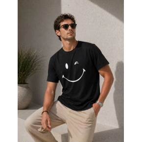 Erkek Minimal Gülümseyen Yüz Baskılı Tişört Kısa Kol Yazlık T-Shirt - Siyah