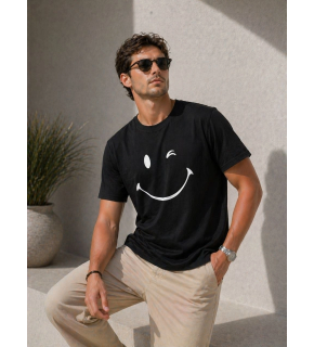 Erkek Minimal Gülümseyen Yüz Baskılı Tişört Kısa Kol Yazlık T-Shirt - Siyah