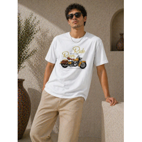 Erkek Motosiklet Baskılı Tişört Bisiklet Yaka Kısa Kol Yazlık T-Shirt - Beyaz