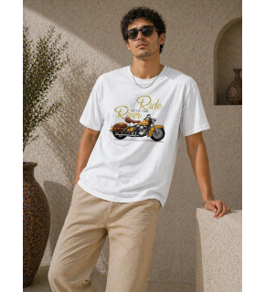 Erkek Motosiklet Baskılı Tişört Bisiklet Yaka Kısa Kol Yazlık T-Shirt - Beyaz