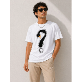 Erkek Kuğu Figürlü Soru İşareti Baskılı Tişört Kısa Kol T-Shirt - Beyaz