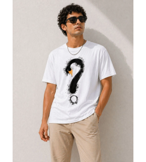Erkek Kuğu Figürlü Soru İşareti Baskılı Tişört Kısa Kol T-Shirt - Beyaz