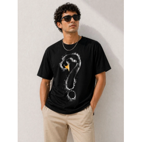 Erkek Kuğu Figürlü Soru İşareti Baskılı Tişört Kısa Kol T-Shirt - Siyah