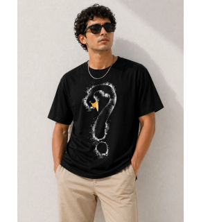 Erkek Kuğu Figürlü Soru İşareti Baskılı Tişört Kısa Kol T-Shirt - Siyah