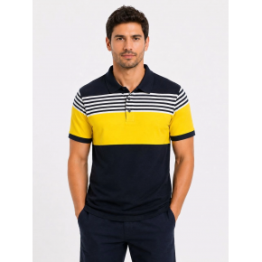 Erkek Pike Kumaş Çizgili Polo Yaka Tişört Kısa Kol Yazlık T-Shirt - Lacivert