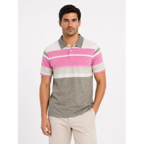 Erkek Flamlı Penye Çizgili Polo Yaka Tişört Kısa Kol Yazlık T-Shirt - Gri