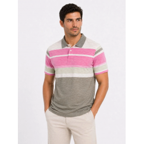 Erkek Flamlı Penye Çizgili Polo Yaka Tişört Kısa Kol Yazlık T-Shirt - Gri