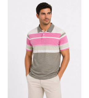 Erkek Flamlı Penye Çizgili Polo Yaka Tişört Kısa Kol Yazlık T-Shirt - Gri