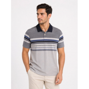 Erkek Flamlı Penye Çizgili Polo Yaka Tişört Kısa Kol Yazlık T-Shirt - Gri