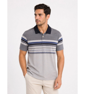 Erkek Flamlı Penye Çizgili Polo Yaka Tişört Kısa Kol Yazlık T-Shirt - Gri