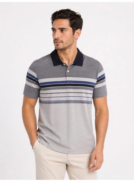 Erkek Flamlı Penye Çizgili Polo Yaka Tişört Kısa Kol Yazlık T-Shirt - Gri Erkek Flamlı Penye Çizgili Polo Yaka Tişört Kısa Kol Yazlık T-Shirt - Gri