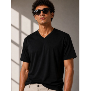 Erkek V Yaka Basic Tişört Kısa Kol Yazlık Regular Fit T-Shirt - Siyah
