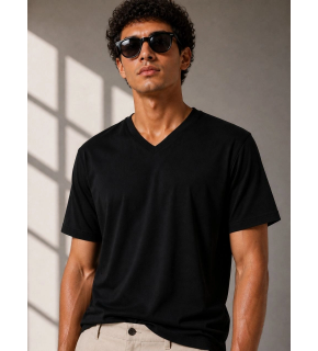 Erkek V Yaka Basic Tişört Kısa Kol Yazlık Regular Fit T-Shirt - Siyah