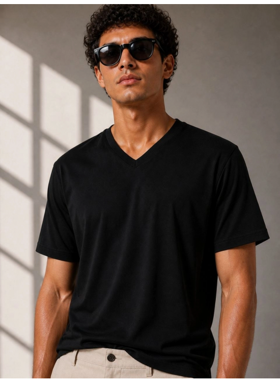 Erkek V Yaka Basic Tişört Kısa Kol Yazlık Regular Fit T-Shirt - Siyah Erkek V Yaka Basic Tişört Kısa Kol Yazlık Regular Fit T-Shirt - Siyah