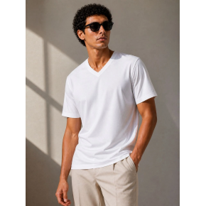 Erkek V Yaka Basic Tişört Kısa Kol Yazlık Regular Fit T-Shirt - Beyaz