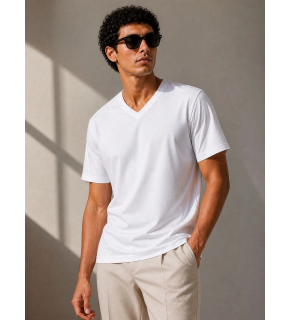 Erkek V Yaka Basic Tişört Kısa Kol Yazlık Regular Fit T-Shirt - Beyaz