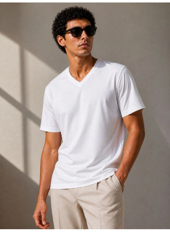 Erkek V Yaka Basic Tişört Kısa Kol Yazlık Regular Fit T-Shirt - Beyaz Erkek V Yaka Basic Tişört Kısa Kol Yazlık Regular Fit T-Shirt - Beyaz