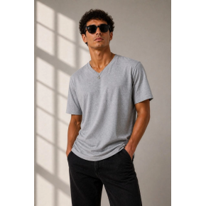 Erkek V Yaka Basic Tişört Kısa Kol Yazlık Regular Fit T-Shirt - Gri