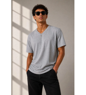 Erkek V Yaka Basic Tişört Kısa Kol Yazlık Regular Fit T-Shirt - Gri