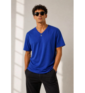 Erkek V Yaka Basic Tişört Kısa Kol Yazlık Regular Fit T-Shirt - Saks Mavisi
