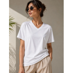 Kadın V Yaka Basic Tişört Kısa Kol Yazlık Regular Fit T-Shirt - Beyaz