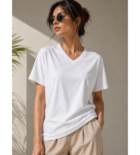 Kadın V Yaka Basic Tişört Kısa Kol Yazlık Regular Fit T-Shirt - Beyaz