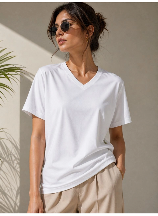 Kadın V Yaka Basic Tişört Kısa Kol Yazlık Regular Fit T-Shirt - Beyaz Kadın V Yaka Basic Tişört Kısa Kol Yazlık Regular Fit T-Shirt - Beyaz