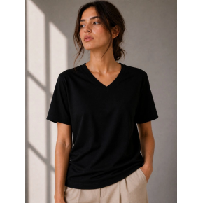 Kadın V Yaka Basic Tişört Kısa Kol Yazlık Regular Fit T-Shirt - Siyah