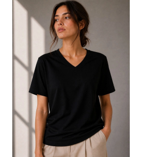 Kadın V Yaka Basic Tişört Kısa Kol Yazlık Regular Fit T-Shirt - Siyah