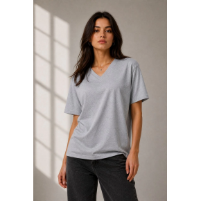 Kadın V Yaka Basic Tişört Kısa Kol Yazlık Regular Fit T-Shirt - Gri