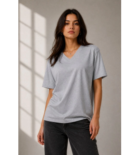 Kadın V Yaka Basic Tişört Kısa Kol Yazlık Regular Fit T-Shirt - Gri
