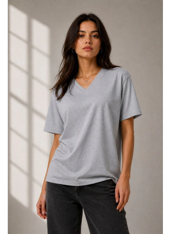 Kadın V Yaka Basic Tişört Kısa Kol Yazlık Regular Fit T-Shirt - Gri Kadın V Yaka Basic Tişört Kısa Kol Yazlık Regular Fit T-Shirt - Gri
