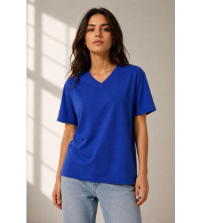 Kadın V Yaka Basic Tişört Kısa Kol Yazlık Regular Fit T-Shirt - Saks Mavisi