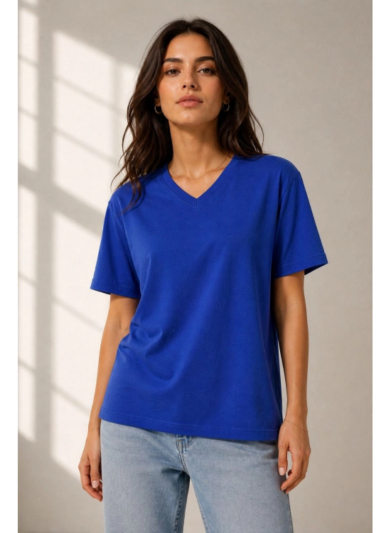 Kadın V Yaka Basic Tişört Kısa Kol Yazlık Regular Fit T-Shirt - Saks Mavisi Kadın V Yaka Basic Tişört Kısa Kol Yazlık Regular Fit T-Shirt - Saks Mavisi