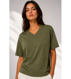 Kadın V Yaka Basic Tişört Kısa Kol Yazlık Regular Fit T-Shirt - Haki