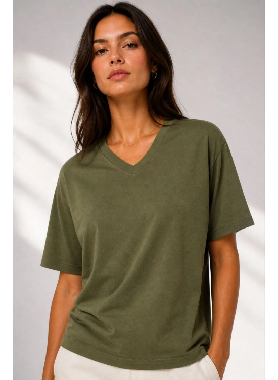 Kadın V Yaka Basic Tişört Kısa Kol Yazlık Regular Fit T-Shirt - Haki Kadın V Yaka Basic Tişört Kısa Kol Yazlık Regular Fit T-Shirt - Haki