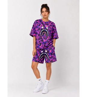 Kadın Oversize Kalıp Pubg Bape X Shark Nakışlı Cepli Şort Takım - Mor