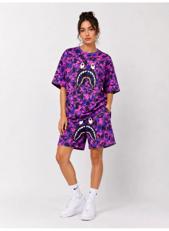 Kadın Oversize Kalıp Pubg Bape X Shark Nakışlı Cepli Şort Takım - Mor Kadın Oversize Kalıp Pubg Bape X Shark Nakışlı Cepli Şort Takım - Mor